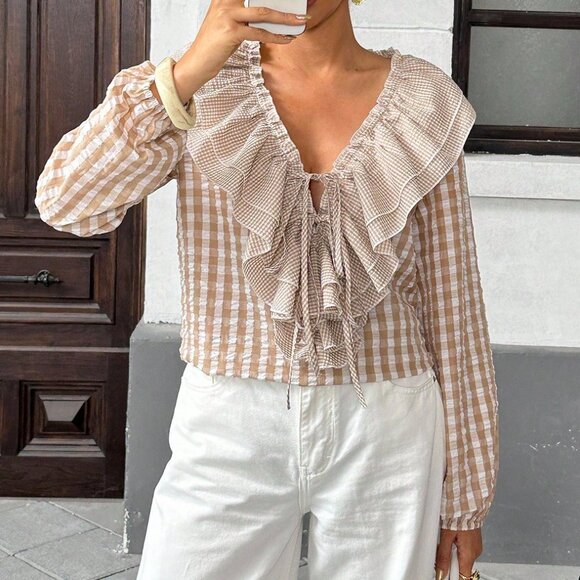 Khaki Casual Women's Ruffled Seersucker Blouse - Picture 4 of 6